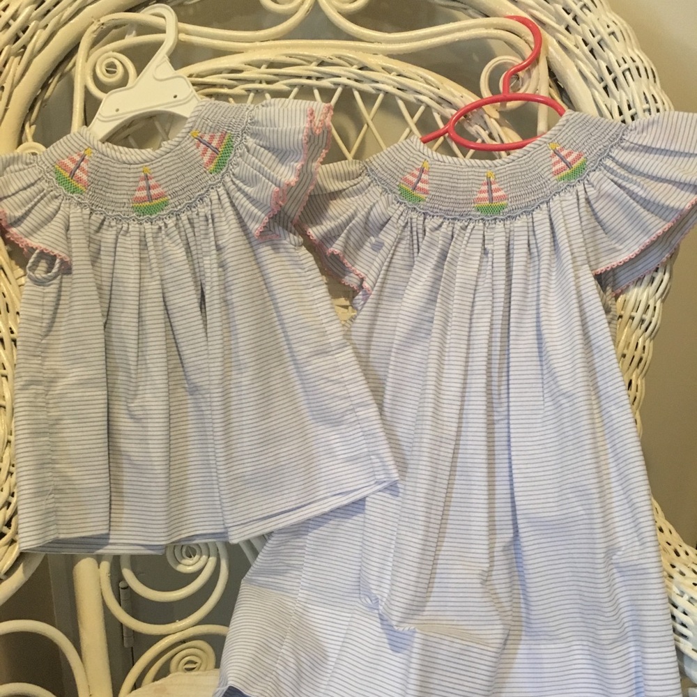 12M & 3T Matching blue sailboat smocked dresses!
